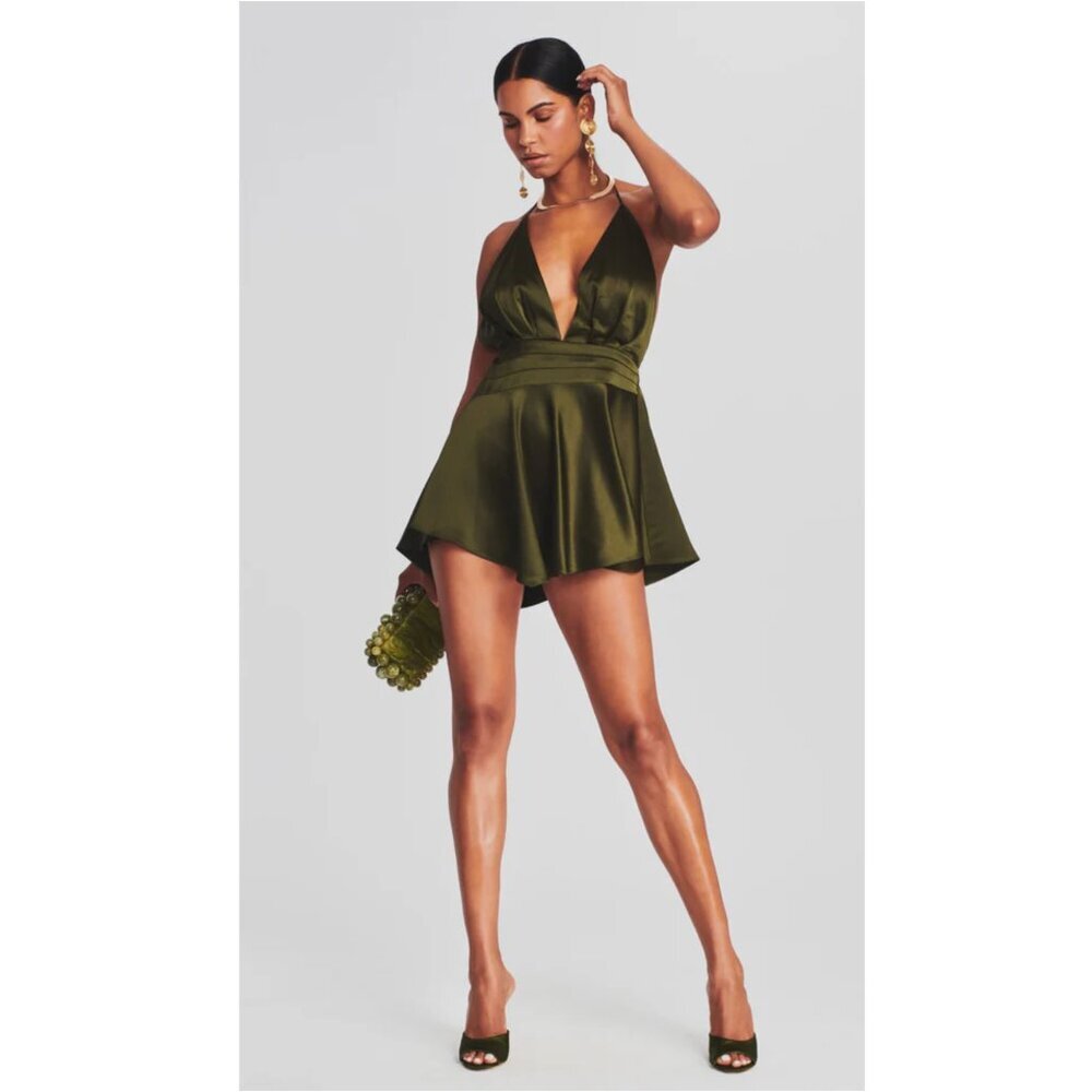 Like-New RETROFETE Plunging Neck Halter Backless Natasha Mini Dress in Green